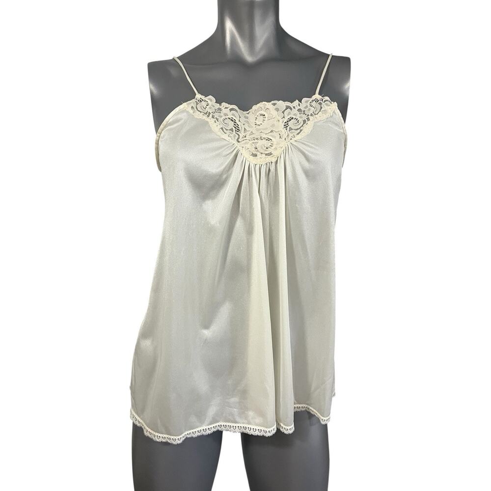 Vtg Camisole Slip Top Satin White Floral Lace Medium Cami Cottage Fairy Tank Top